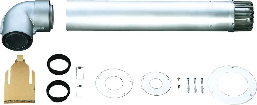 Metallisches Abgaszubehör von Bosch, bestehend aus einem gebogenen Rohr, geradem Rohr, Dichtungen, Montageelementen und Befestigungsschrauben.